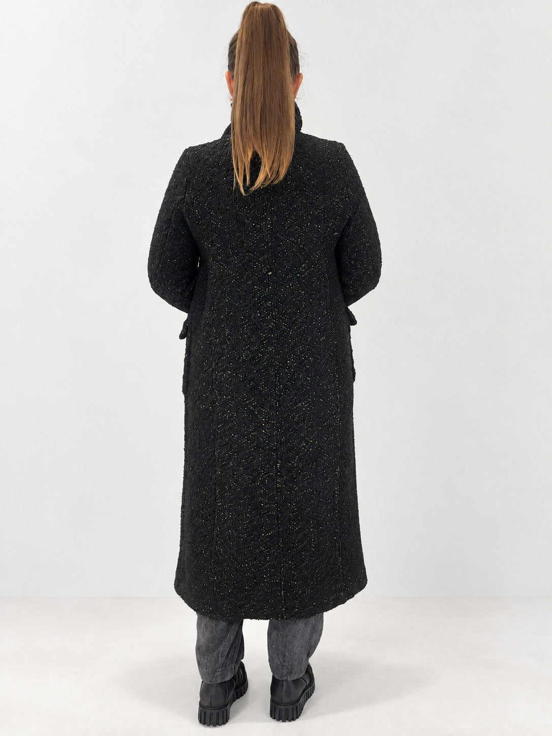 Transit black flecked textured long coat – back view
