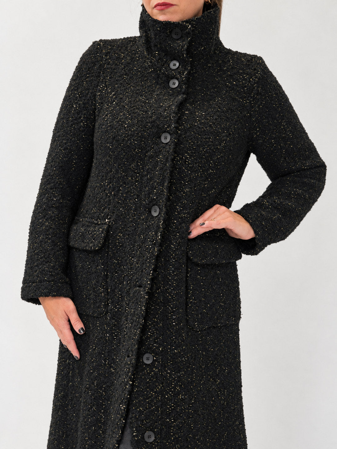 Transit black flecked textured long coat – upper front view
